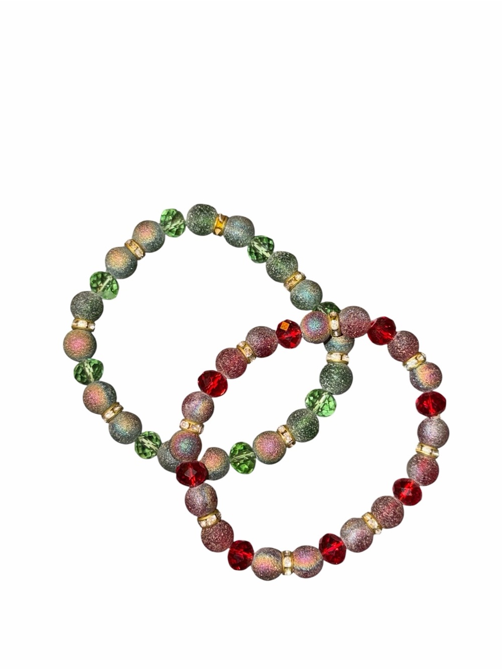 2 for 1 layering handmade Bead Stretch Bracelet Set - Green & Red
